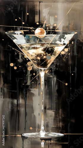 A martini glass is featured in this abstract image with a gold and black color scheme, possibly created using generative technology.