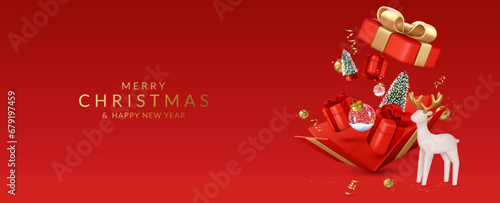 Christmas and New Year greeting card with open gift box with trees, balls, gift boxes, confetti, ribbons and deer.