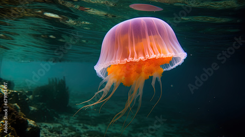 A small pink jellyfish swims just under the surface of the sea