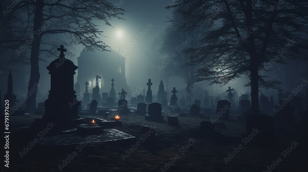Chilling atmosphere of a scary cemetery at night with fog