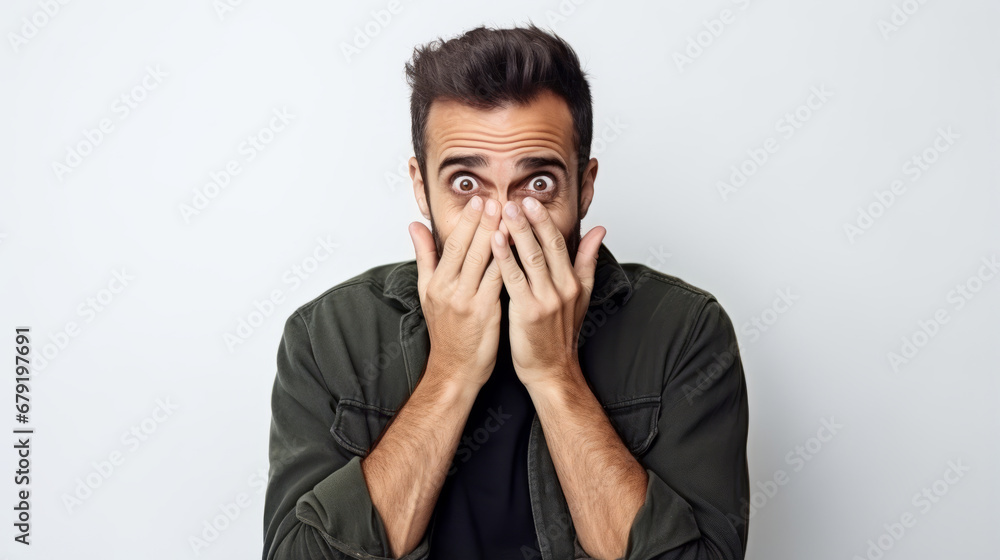 Disgust concept - shocked young beautiful man is scared, holding hands by the face, standing against white wall Disgust concept - shocked young beautiful man is scared, holding hands by the face, standing against white wall