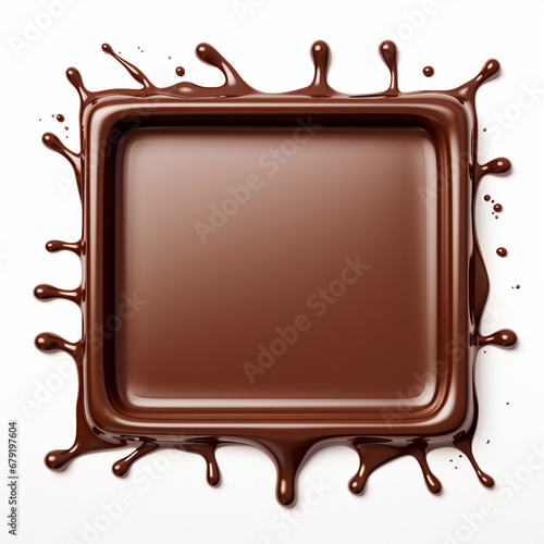 Fondo con detalle de pieza cuadrada de chocolate con salpicaduras, sobre fondo de color blanco