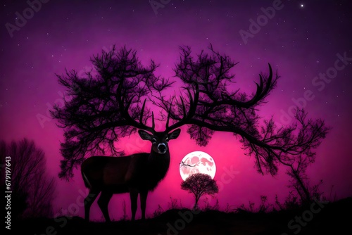 purple buck moon on night red sky back silhouette tree