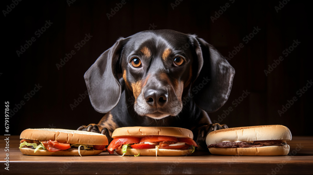 Front view of funny dog that is sitting by the hot dog food that is on the table - obrazy, fototapety, plakaty 