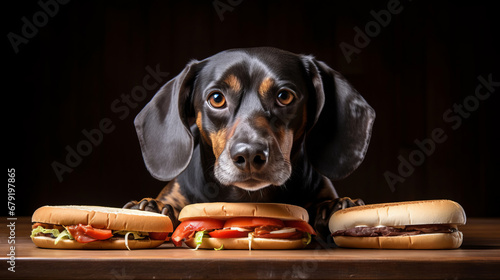 Front view of funny dog that is sitting by the hot dog food that is on the table