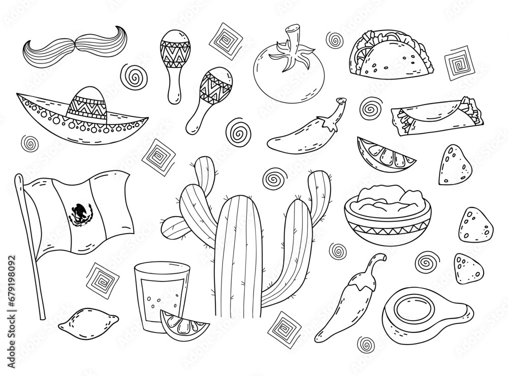 Mexico doodle set. Elements of Mexican Culture Traditional Symbols, Food, flag, maracas, cactus, taco, burrito. Hand drawn vector illustration isolated on white background.