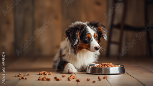 Dog is on the floor with food that is in the bowl. Wooden background, indoors
