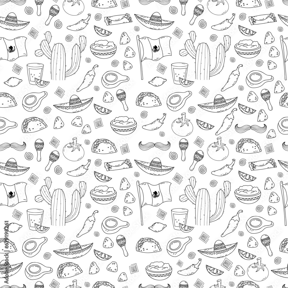 Mexican seamless pattern in hand drawn linear doodle style. Vector illustration on white background.