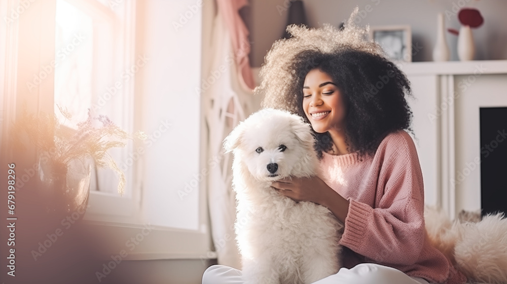 beautiful girl afro hair play with her dog in the living room of their Nordic style house