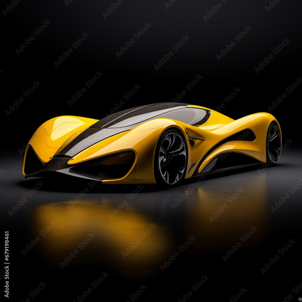Fotografia con detalle de coche hyper deportivo futurista con carroceria en color amarillo y negro