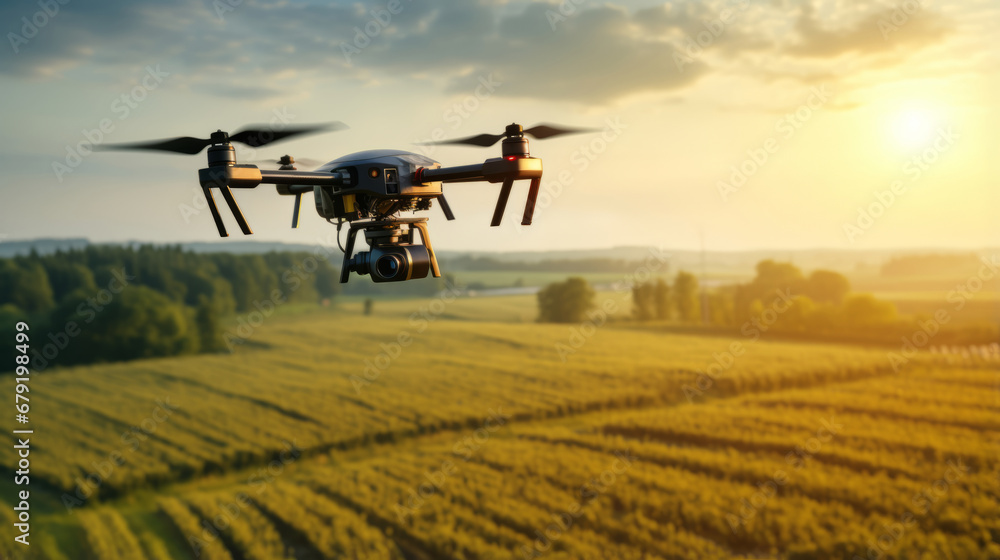 Drone flying over agricultural field against sunlight Drone flying over agricultural field against sunlight