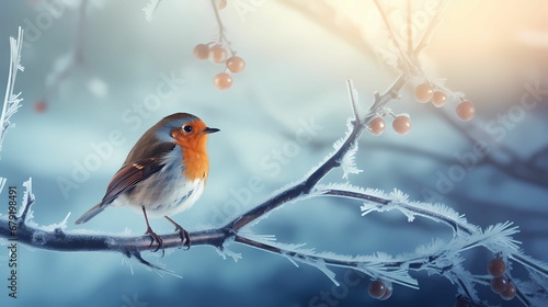 Robin bird on a winter frosty day illustration for cards © lee