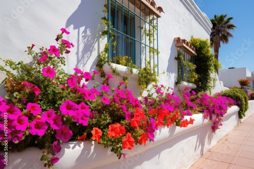colorful flowerbed against whitewashed wall of a spanish revival house