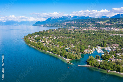 Aerial view of Ripaille neighbourhood (Thonon-Les-Bains) city in Haute-Savoie in France