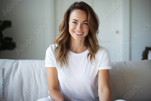 Portrait of young pretty woman in white shirt that is in the domestic room