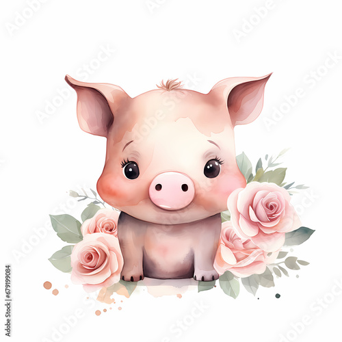 Funny watercolor pig illustration with flowers. Pig for good luck. photo