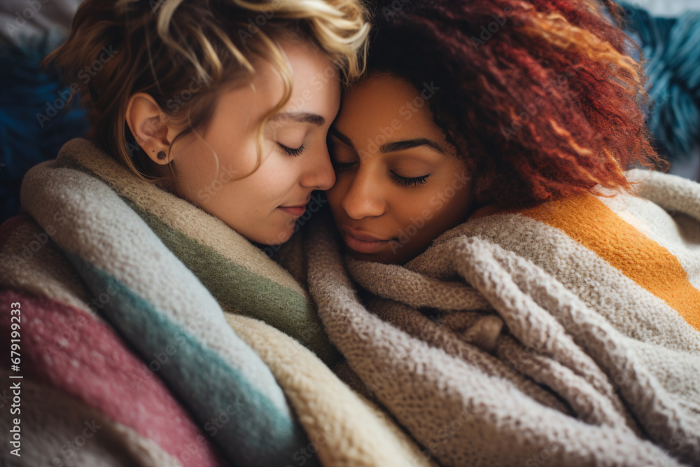 Made with generative AI portrait young female couple wrapped in fluffy blanket in love Made with generative AI portrait young female couple wrapped in fluffy blanket in love