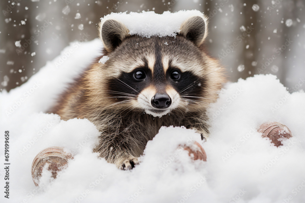 Obraz premium Winter leisure time active funny happy racoon sitting in snow Generative AI