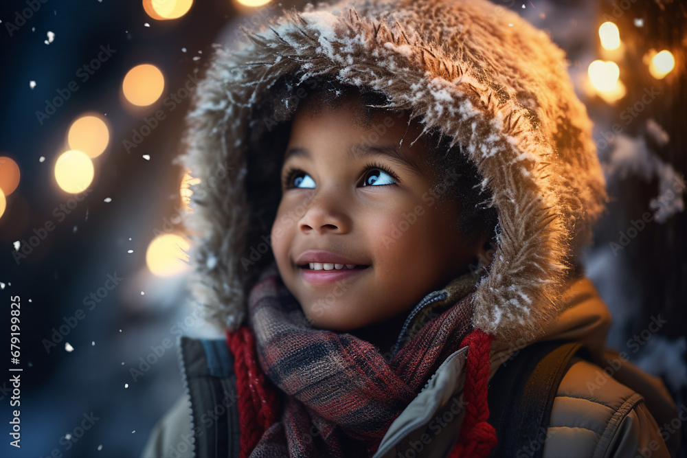 Little beautiful child boy girl Christmas fair market garland lights over head Generative AI Little beautiful child boy girl Christmas fair market garland lights over head Generative AI
