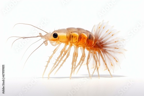 A solitary marine copepod in planktonic form against a white background. Generative AI photo