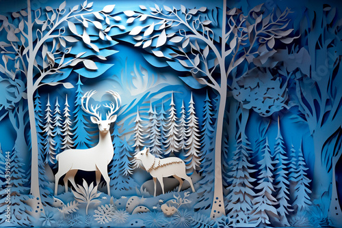 Winter Christmas multilayer openwork picture made of paper. Fairytale landscape. photo