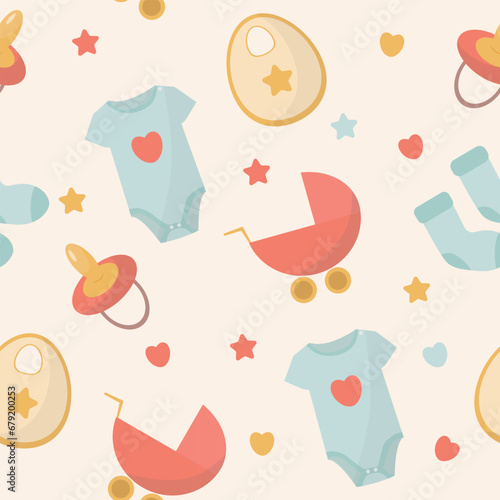 Vector flat pattern baby elements toys for kids flat style bodysuit stroller bib pacifier. background for web, textile, gift wrapping, cards, congratulations, fabric, print, banner and invitation