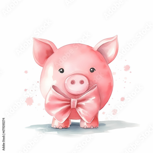 Cute little pig with bow  funny watercolor illustration.