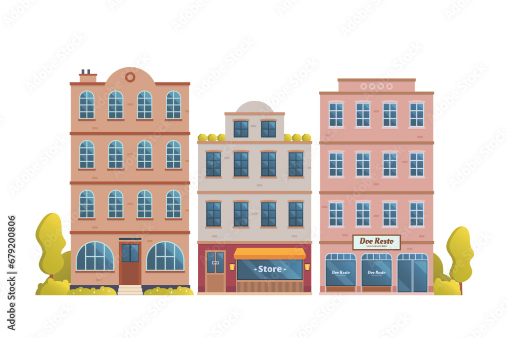 Urban landscape townhouse building illustration. city downtown landscape with various townhouses. flat and front view