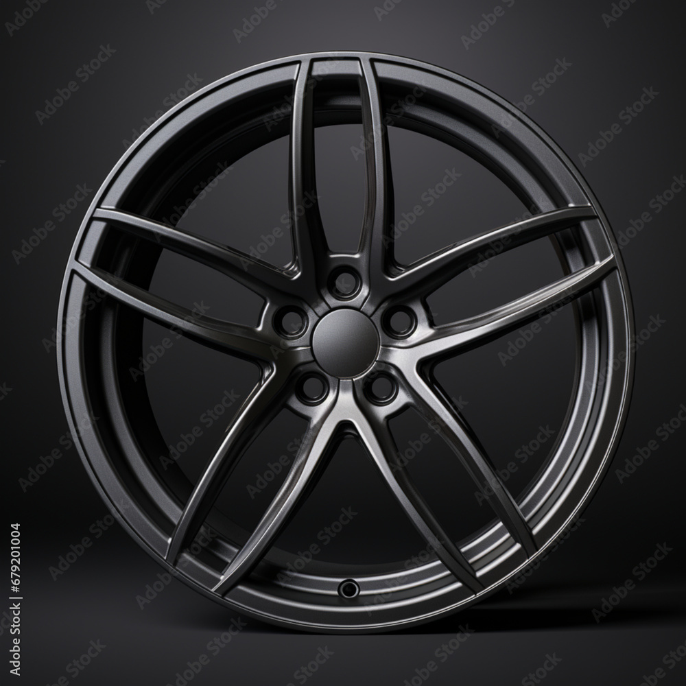 Obraz premium Fotografia con detalle de llanta de aleación para vehiculo, con acabado de color negro