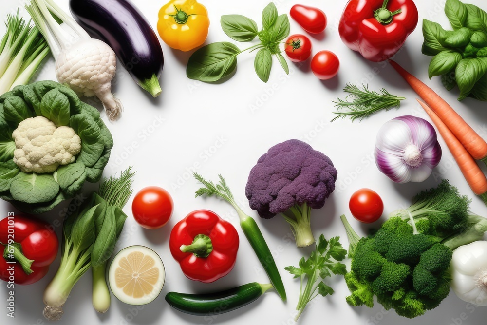 Frame of fresh vegetables on white background, top view with space for text Frame of fresh vegetables on white background, top view with space for text