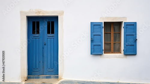 blue door and window, Old ancient colorful textured door and window in a stone wall, Vintage doorway. Traditional European, Greek architecture. Summer travel