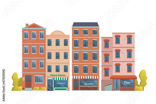 Urban landscape townhouse building illustration. city downtown landscape with various townhouses. flat and front view