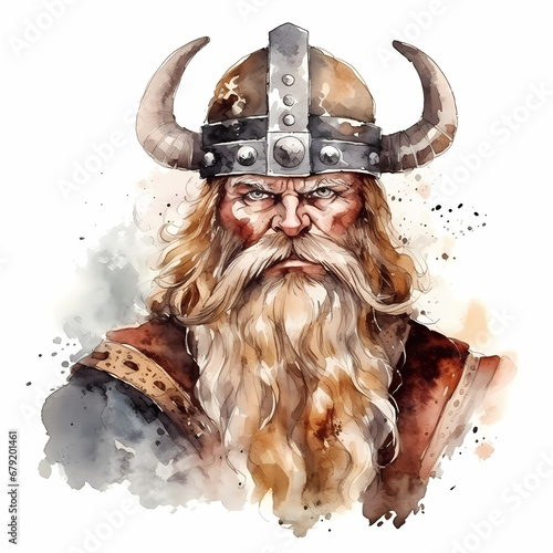 Portrait of a viking head, cartoon watercolor illustration. photo