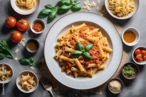 Pasta with tomato sauce, basil and parmesan cheese on grey background
