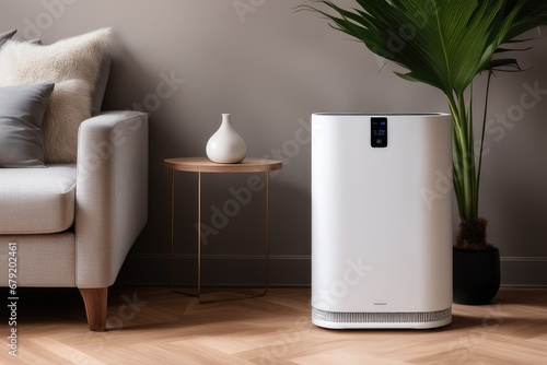 Modern white air purifier on the wooden floor