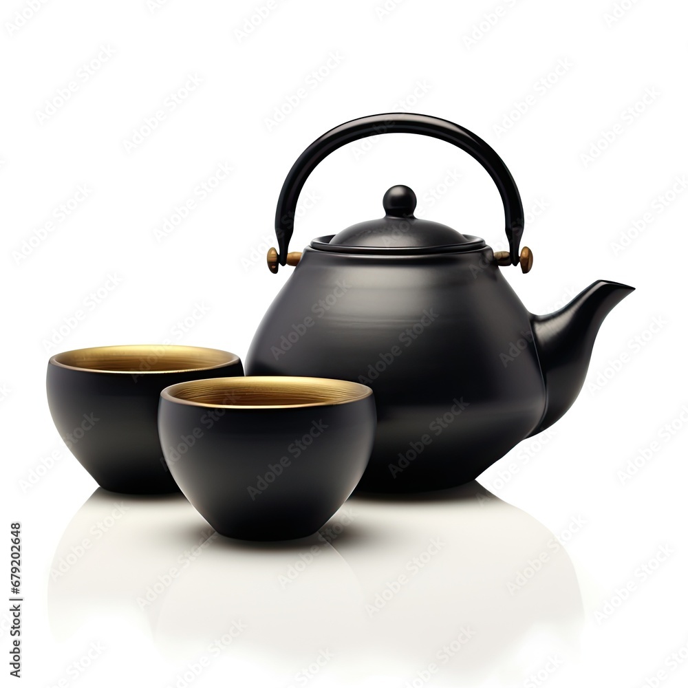 Chinese Style Black Tea Kettle with 2 Black Cups isolated on white background Chinese Style Black Tea Kettle with 2 Black Cups isolated on white background