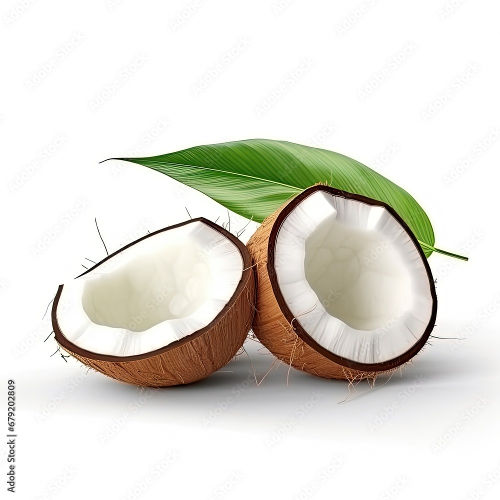 Coconut with Half and Leaves isolated on white background Coconut with Half and Leaves isolated on white background