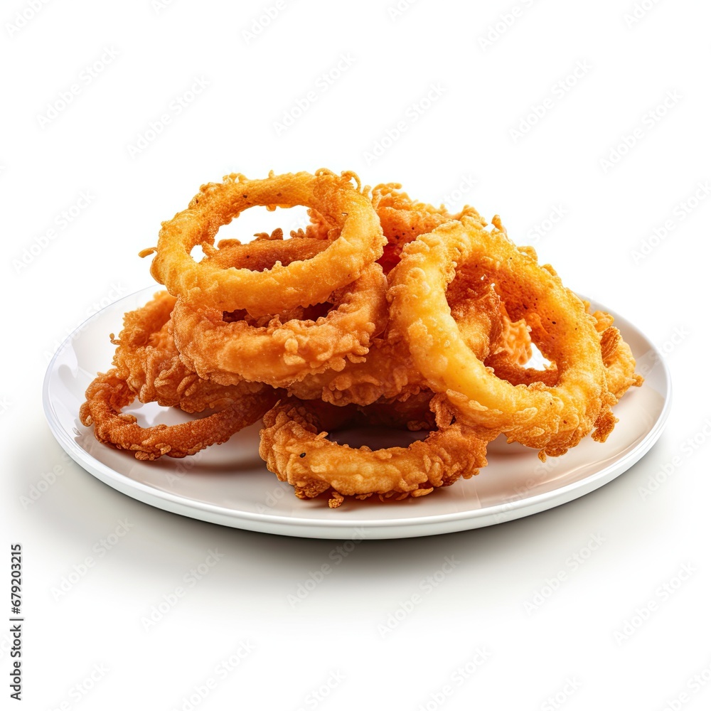 Delicious Plate of Fried Onion Rings isolated on white background Delicious Plate of Fried Onion Rings isolated on white background
