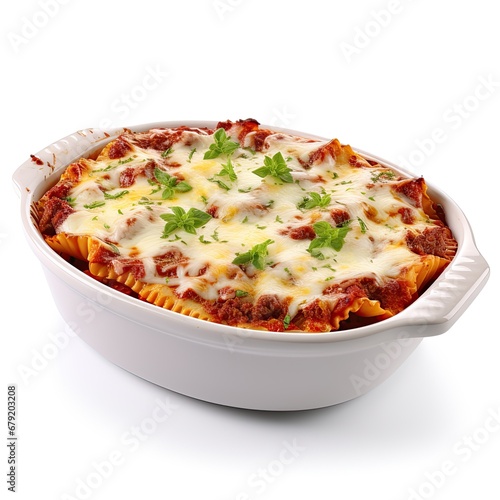 Delicious Lasagna in a Beautiful White Bowl isolated on white background