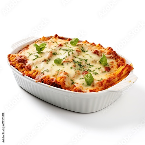 Delicious Lasagna in a Beautiful White Bowl isolated on white background