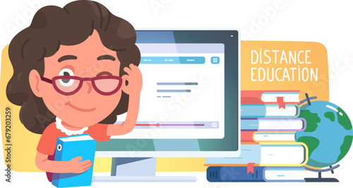 Teacher getting ready to distance education webinar using her desktop pc and some books. Happy smart online coach woman winking at viewer over her glasses. Online education concept vector illustration
