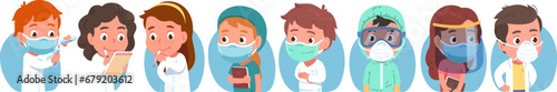 Doctor, nurse, scientist men, women wearing coronavirus personal protective equipment. Medical personnel people in PPE coverall, mask, face shield, goggles, gloves. Flat vector COVID illustration set photo