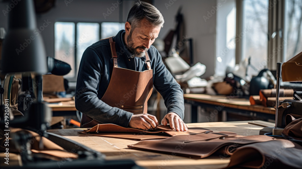 Skilled tailor crafts custom leather fashion in studio Skilled tailor crafts custom leather fashion in studio
