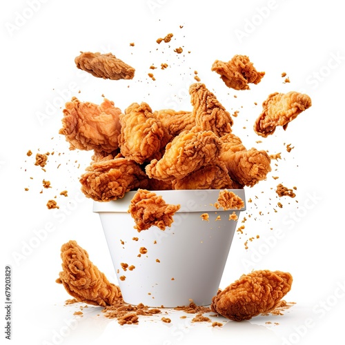 Fried Chicken with Crumbs in Paper Bucket Falling isolated on white background