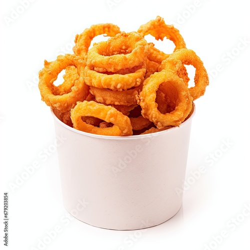 Fried Onion Rings in a Paper Bucket isolated on white background