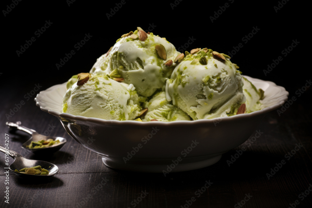 A portion of green pistachio ice cream in bowl on black background A portion of green pistachio ice cream in bowl on black background