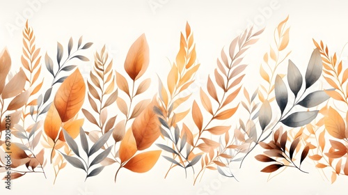 Autumn floral border. Seamless horizontal pattern with hand drawn watercolor leaves. Decoration for Fall, Thanksgiving and Harvest Day design.