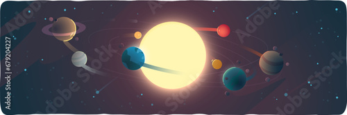Solar system with sun, planets in orbits. Earth, Saturn, Jupiter, Mars, Mercury globes orbiting Sun outer space. Cosmos exploration, stars discovery, astronomy science flat style vector illustration