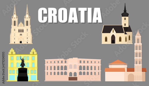 Illustration, tourist attractions landmarks of Croatia Includes St. Mark's Church, Ban Jelacic Square, Zagreb Cathedral, Pula Arena, Diocletian's Palace Split, vector. photo