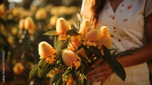 Woman holding a bouquet of banksia flowers photo